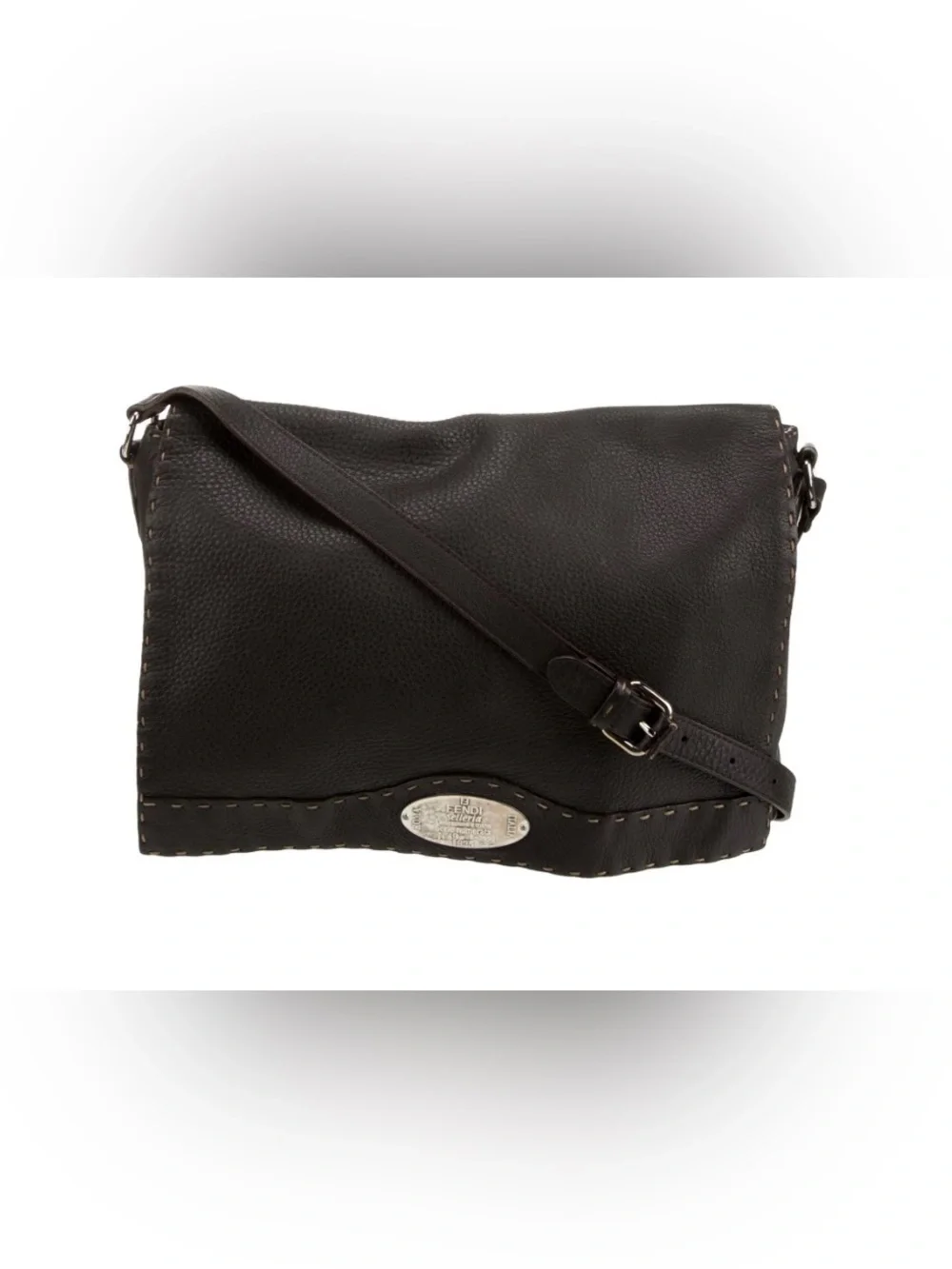 Fendi Dark Brown Pebbled Leather Messenger Bag with Silver Plaque